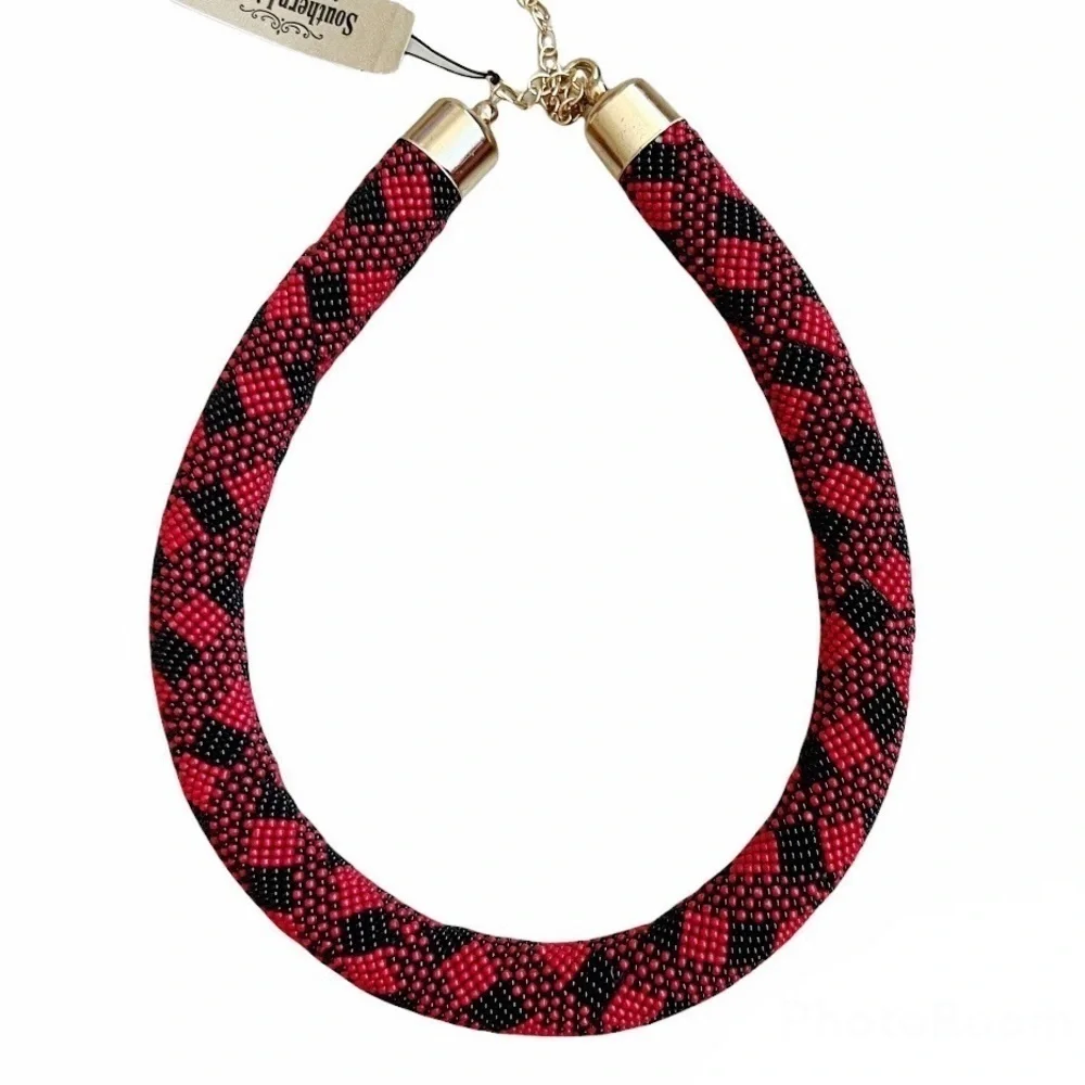 Southern Living Red & Black Beaded Plaid Collar Necklace NWT